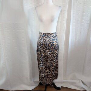 Lulu’s Global Icon Tan & Navy Blue Leopard Print Satin Midi Skirt Size Small